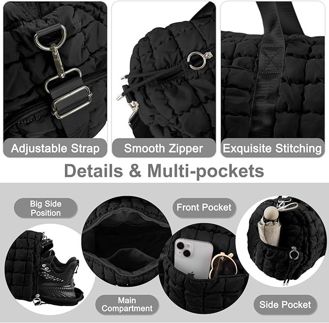 Quilted Travel Duffle Bag Gym Bag for Women,Large Puffer Duffle Weekender Bag with Compartment,Workout Overnight Carry on Organizer Bag Duffle Bag for Airplane Travel(Black)