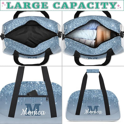 Personalized Kids Sports Duffel Bag with Name Custom Weekender Overnight Bag for Boys Girls Gym Bag Travel Dance Gymnastics Duffel Bag, Cyan Glitter