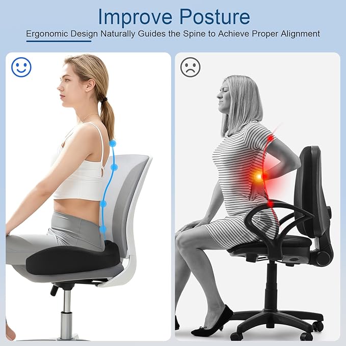 Seat Cushion for Office Chair for Wide Hip & Thigh with Firm Support, Thickened Memory Foam Sciatica Pain Relief Pillow for Proper Posture, Ergonomic Tailbone Pain Relief Cushion for Car Seat, Home