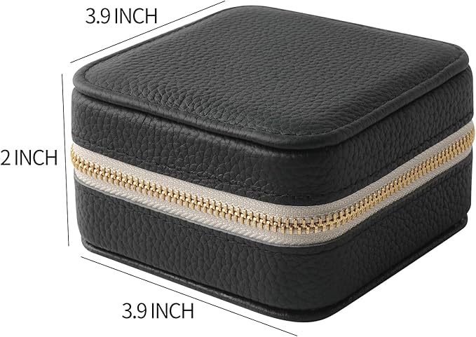 Genuine Leather Travel Jewelry Case Organizer with Mirror for Women, Small Jewelry Box Portable Mini Jewelry Case for Earring, Ring, Necklace, Bracelet（Lychee Grain Black）