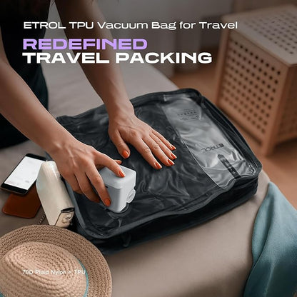ETROL TPU Vacuum Bag for Travel, 70D Nylon Reusable Compression Bag with IP67 Waterproof Zipper, Compression Packing Cubes for Clothing, Space Saver Bags for Luggage (Full Open, Grey,1Pcs+Pump)