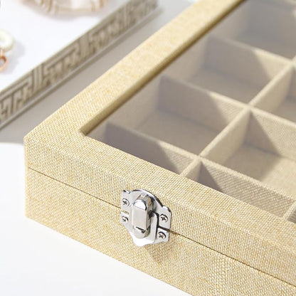 Coward Jewelry Organizer Box, Yellow Linen 24 Grids Ring Earring Jewelry Display Tray Case with Transparent Glass Lid for Home Drawer or Shop Selling