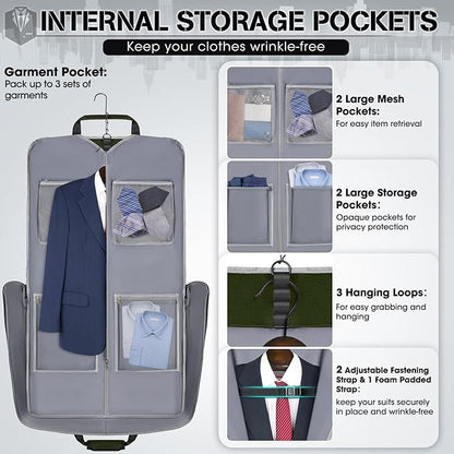 RAINSMORE Garment Bags for Travel Carry On Garment Bag for Hanging Clothes, Suit Bag for Business Trips with Shoes bag & Shoulder Strap, Waterproof Foldable Suit Luggage Bag for Men Women, Green