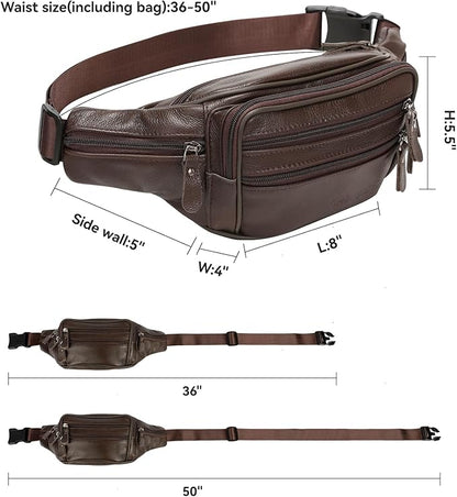 Leather Fanny Pack for Men Women,Genuine Leather Waist Belt Bag with Adjustable Strap Belt Hip Bag with Multi-Pockets for Travel Sports Running Cycling Hiking (brown)
