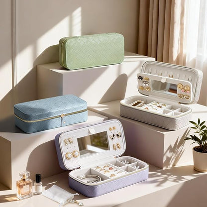DesignSter Jewelry Organizer, Small Portable Travel Jewelry Storage for Women, Woven Embossed PU Jewelry Case with Mirror for Ring Earring Necklace Bracelet