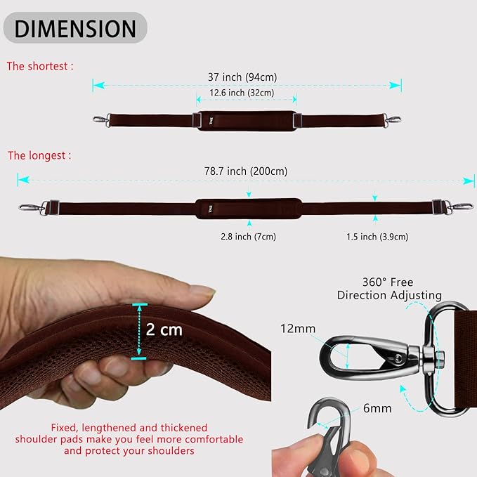 ZINZ 79 inch Shoulder Strap, Extra-thick Fixed Cushion Pad and Dual Clasps Universal Replacement Strap with Metal Swivel Hooks for Laptop Bags, Luggage Bags, Camera, Crossbody (200cm,Brown)