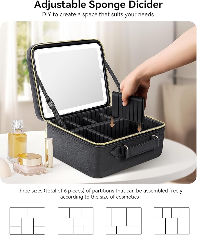 JUSRON Travel Makeup Bag With LED Mirror,Train Case with Light up Mirror, Portable Makeup Artist Organizer Bag with Adjustable Dividers (Black, Large)