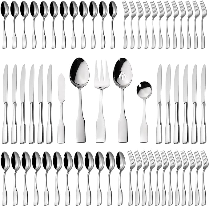Alata Kate 65-Piece Silverware With Utensil-Serving Set, Service for 12, Stainless Steel Flatware, Mirror Polished Cutlery, Dishwasher Safe