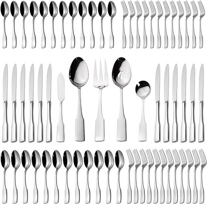 Alata Kate 65-Piece Silverware With Utensil-Serving Set, Service for 12, Stainless Steel Flatware, Mirror Polished Cutlery, Dishwasher Safe