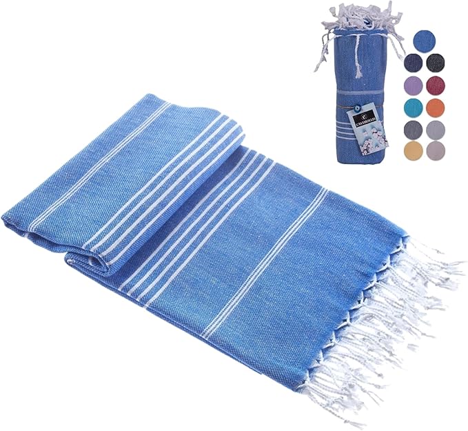 Turkish Beach Towel, Prewashed, 100% Cotton, Soft, Absorbent, Quick Dry, Sand Free Large Oversize Beach Towels for Bathroom Camping Yoga Gym Pool Travel Size 39x71 Inches (Blue)