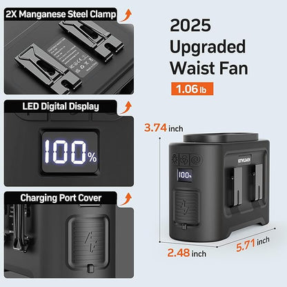 KITWLEMEN 14500mAh Portable Waist Fan - Personal Clip on Belt Fan, Dual Air Outlet, 5 Speed 35H Cooling, Rechargeable Battery Operated, Wearable with Lanyard & Light for Camping, Travel, Jobsite