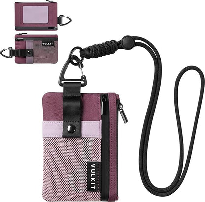 VULKIT Small RFID Wallet for Women & Men – Minimalist Zipper Wallet with ID Window, Keychain & Carabiner, Holds 15 Cards, Water Resistant Travel Lanyard Wallet Wine Pink