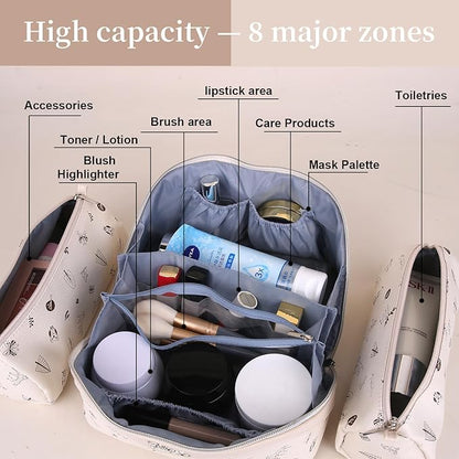 BOYATU Travel Makeup Bag Cosmetic Bags for Women: 3 Pcs Set Portable Make up Bag with Handle - Vegan Leather Toiletry Bags with Compartments - Makeup Organizer for Travel Essentials(L-4-White)