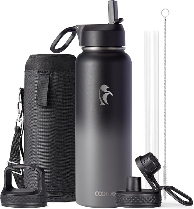 Water Bottle 40 oz Insulated with Straw&Brush, Coolflask Vaccum Stainless Steel Metal 3 Lids Water Flask for Sports, Gym or Office, Keep Cold 48H Hot 24H, Piano Night