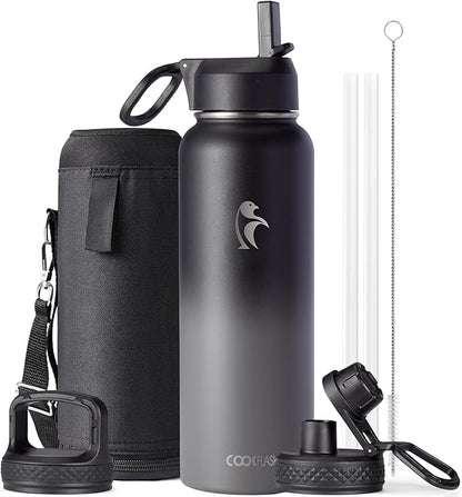 Water Bottle 40 oz Insulated with Straw&Brush, Coolflask Vaccum Stainless Steel Metal 3 Lids Water Flask for Sports, Gym or Office, Keep Cold 48H Hot 24H, Piano Night
