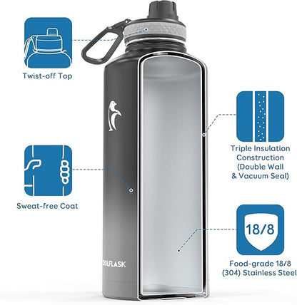 Coolflask Water Bottle 87 oz with Straw, 2/3 Gallon Insulated Stainless Steel 3 Lids Large Water Jug Wide Mouth for Sports or Office, Non-BPA Keep Cold Up to 48 Hrs or Hot Up to 24 Hrs, Piano Night