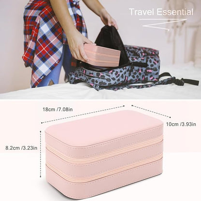DesignSter Small Travel Jewelry Box with Double Zipper, 2 Layers PU Portable Jewelry Case for Women and Girls,Travel Jewelry Organizer for Rings, Earrings, Necklaces, Bracelets,Pink