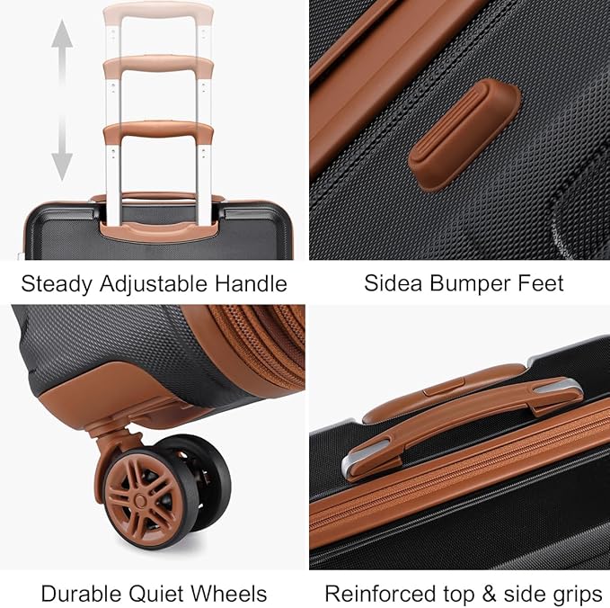 Kono 4 Piece Luggage Sets Expandable(only 28") with Spinner Wheels TSA Lock Lightweight PC+ABS Hardside Travel Rolling Suitcases 20in 24in 28in Carry on and 12in Mini Cosmetic Case Apricot Black