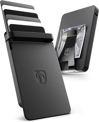 TRAVANDO SLYDE Aluminum Card Holder - RFID Blocking Slim Wallet for Men with Money Clip – Holds Up to 7 Cards – RFID Protected Credit Card Mens Wallet (Black)