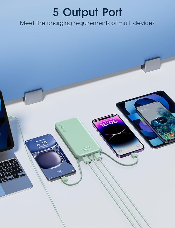 22.5W Super Fast Charging Portable Charger with Wall Plug,12000mAh USB-C Power Bank Built-in 2 Cable, Lightweight Phone Charger Travel Battery Pack for All iPhone, Samsung, Tablets