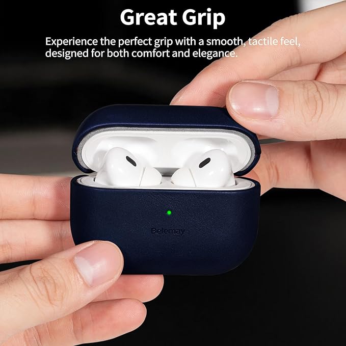 Belemay Handcrafted Full-Grain Vegetable-Tanned Leather Case for AirPods Pro 3rd Gen (2025), Classy Two-Tone Effect, Natural Patina, Compatible with MagSafe, Compatible with Airpods Pro 3, Navy Blue