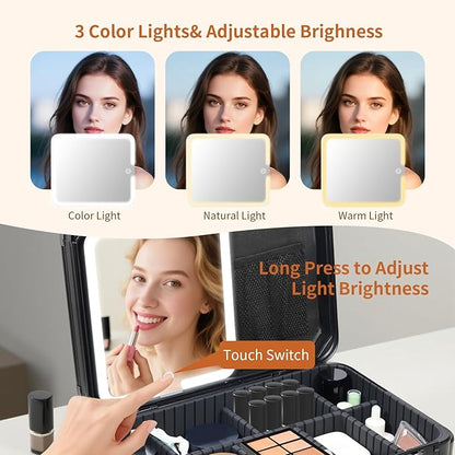 15"x11" Makeup Case with Lighted Mirror & Brush Holder - Waterproof Travel Organizer, Customizable Storage, Rechargeable LED Vanity for Women (black)