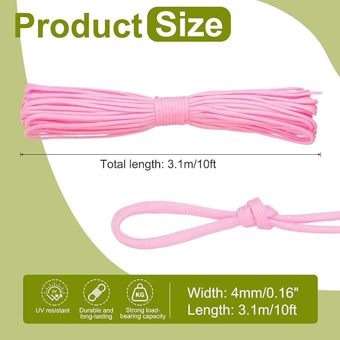 uxcell 4mm Nylon Rope, 10ft Portable Clothesline for Luggage and Backpack Tie Downs, Hanging Clothes, Swings, Camping and Mountaineering Tie Downs, Pink
