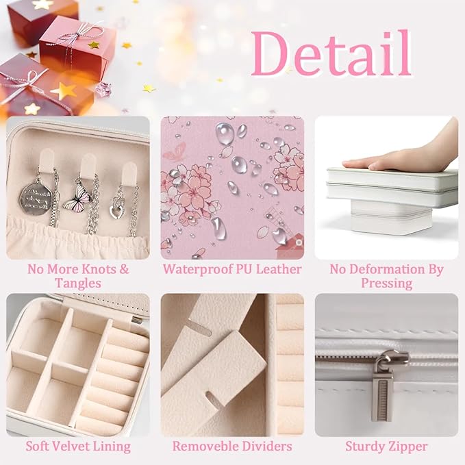 Cherry Blossom Leather Jewelry Boxes, Pink Mini Travel Jewelry Case Organizer, Elegant Jewelry Organizers and Storage with Mirror, Christmas and Birthday Present for Women's and Girls