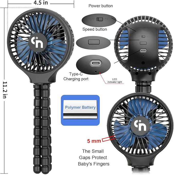 WiHoo Portable Stroller Fan, 11H Ultra-long Battery Life 3 Speed 360°Rotate, USB Rechargeable or Battery Operated Cooling Clip On Personal Fan for Baby Crib Travel Car Seat Black