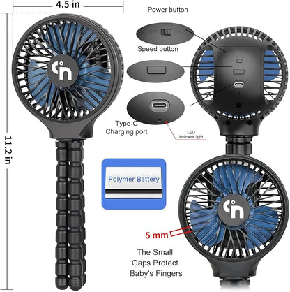 WiHoo Portable Stroller Fan, 11H Ultra-long Battery Life 3 Speed 360°Rotate, USB Rechargeable or Battery Operated Cooling Clip On Personal Fan for Baby Crib Travel Car Seat Black