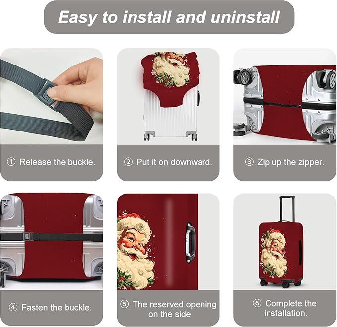 Retro Santa Luggage Cover - Vintage Saint Nicholas with Holly and Snowflakes, Traditional Christmas Suitcase Protector 28 30 Inch