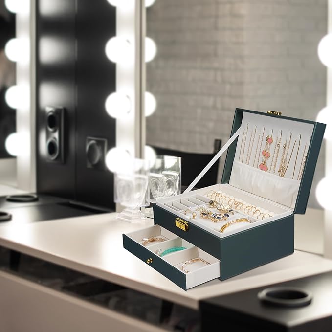 GUOER Jewelry Box for Women Girl Wife - Large PU Leather Jewelry Organizer Storage Case with Two Layers Display for Earrings Bracelets Rings Watches (Hunter Green)