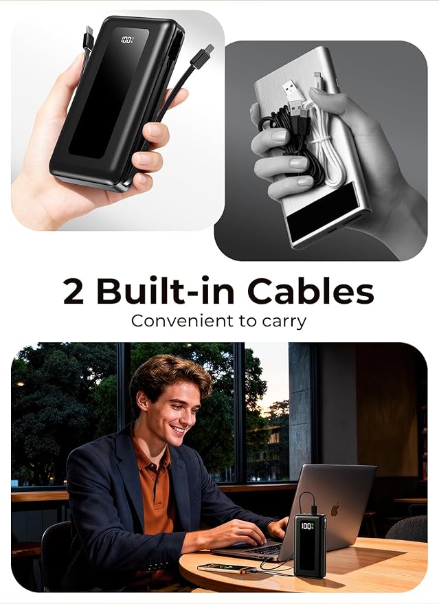 Portable Charger Power Bank, 50000mAh Battery Pack with Built-in Cables, PD 22.5W Fast Charging & Flashlight, Travel Camping Essential, Large Capacity Portable Phone Charger for iPhone, Samsung, iPad