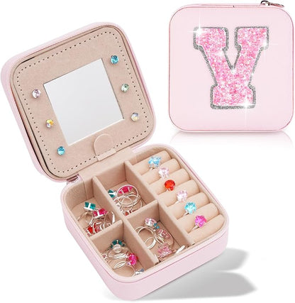 Personalized Jewelry Case for Women Girls - Fashion Mini Jewelry Boxes - Trendy Travel Jewelry Organizer with Initials Letter - Teen Gifts | Pink,V