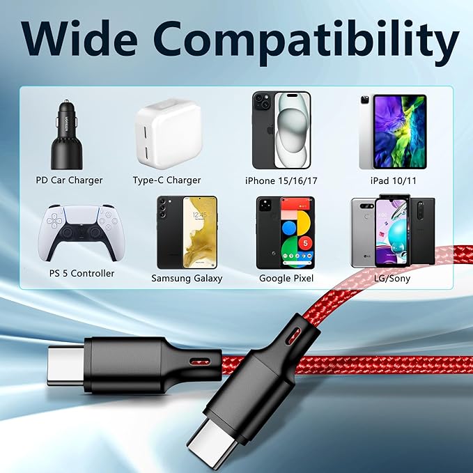cugunu USB C to USB C Charger Cable, 5 Pack [3/3/6/6/10ft] Type C Fast Charging Cord High Data & Transfer Wire Compatible for iPhone 17/16/15 Plus/Pro Max iPad Pro Ps5 Controller Samsung (Red)