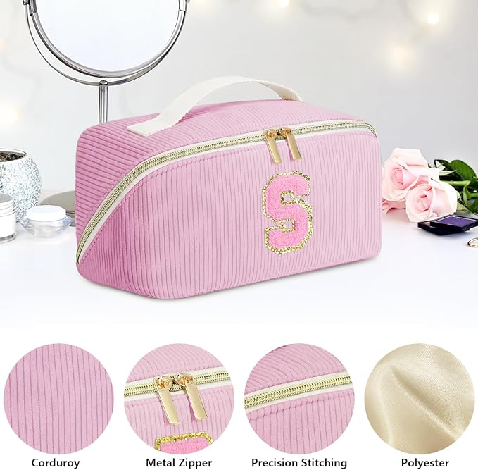 Personalized Initial Makeup Bag,Christmas Gifts for Girl,Preppy Bag Cosmetic Travel Bag Women,Travel Toiletry Organizer,Large Capacity Corduroy Stuff Bag,Cute Cosmetic Pouch Skincare Bag-T