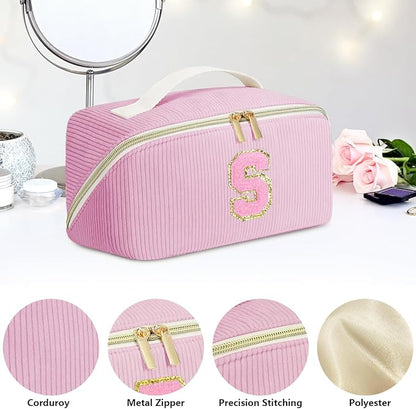 Personalized Initial Makeup Bag,Christmas Gifts for Girl,Preppy Bag Cosmetic Travel Bag Women,Travel Toiletry Organizer,Large Capacity Corduroy Stuff Bag,Cute Cosmetic Pouch Skincare Bag-T
