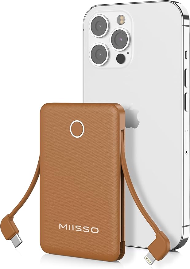 miisso 6000mah Ultra Slim Built in Cables Power Bank, Card Size Built in USB C Cords Battery Pack Portable Charger for Phones, 3 Output External Battery Pack Compatible with iPhone, Brown