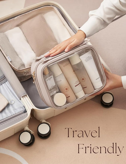 Clear Cosmetic Bag Double Layer Travel Toiletry Bag Clear Makeup Bag Case with 4 Compartments, Transparent Travel Bag for Toiletries, Large Toiletry Bag for Women Cosmetic Case (Taupe, Large)