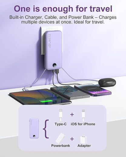 Portable Charger, 12000mAh 22.5W USB C Fast Charging Power Bank with Built-in Cables and AC Wall Plug, Smart LED Display Travel Essentials Battery Pack Compatible with iPhone, iPad, Samsung etc Purple