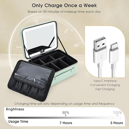 Leather Makeup Case with LED Lighted Mirror 11.4 Inch Travel Makeup Bag Adjustable Brightness in 3 Colors Cosmetic Organizer Artist Storage Bag with Dividers Brush Holder Storage Vanity Watery Blue