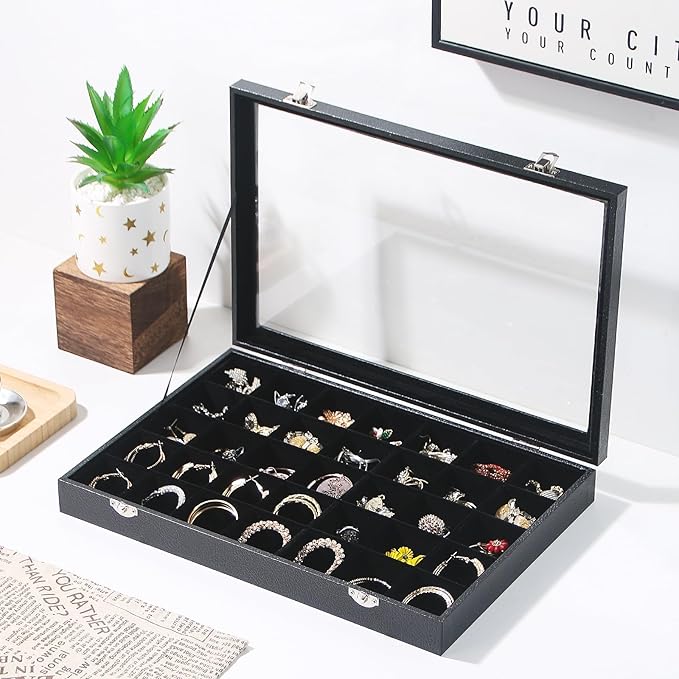 Coward Ring Earring Jewelry Organizer Box, 35 Grids Dustproof Display Holder Case, Black Velvet Jewelry Bead Display Tray Case with Transparent Glass Lid for Momen Girls