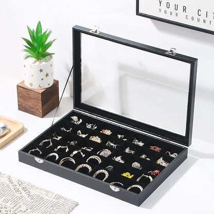 Coward Ring Earring Jewelry Organizer Box, 35 Grids Dustproof Display Holder Case, Black Velvet Jewelry Bead Display Tray Case with Transparent Glass Lid for Momen Girls