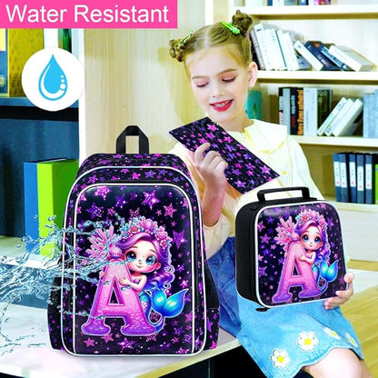WZLVO 3PCS Mermaid Backpack Set, 16" Glittery UV Printing Girls Bookbag/School Bag with Lunch Box & Pencil Bag for Preschool to Elementary - Mermaid Holding Letter A