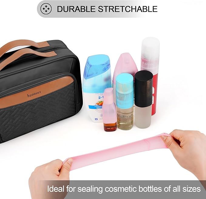 Travel Hanging Toiletry Bag for Women, Large Makeup Bag 8 Leak Proofing Silicone Bottle Covers, Waterproof Cosmetic Bag with Jewelry Organizer Compartment, Toiletries Kit Set, Black