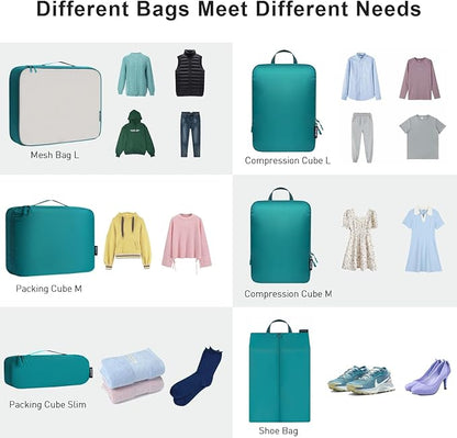 Bagail Ultralight Compression Cubes 7 Set - 3 Packing Cubes, 3 Organizers, and 1 Shoe Bag