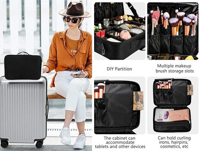 gzcz Travel Makeup Bag,Professional Cosmetic Bags for Women,Portable Makeup Brush Case Organizer Storage with Adjustable Dividers and Shoulder Strap (Medium)