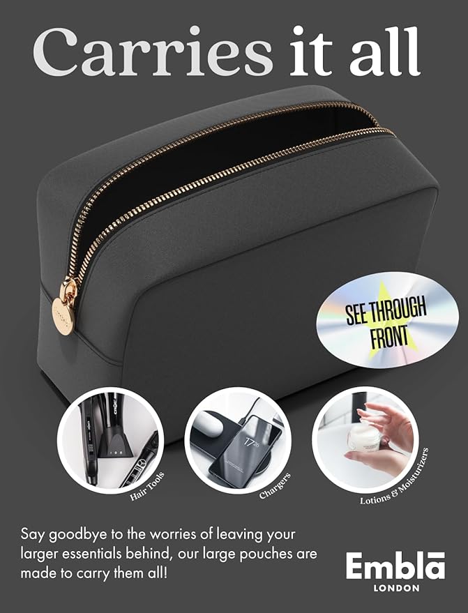 Embla London Makeup Bag Cosmetic Case, Clear Zipper Make Up Pouch and Toiletry Travel Tote, Cute Skincare Pouches for Women Girls, Preppy Purse Cosmetic Organizer, Large Makeup Bags, Grey