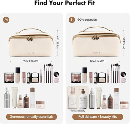 Prite Makeup Bag for Women Travel Waterproof Vegan Leather Cosmetic Bag Open Flat Toiletry Bag With Clear Divider and Handle (Beige)
