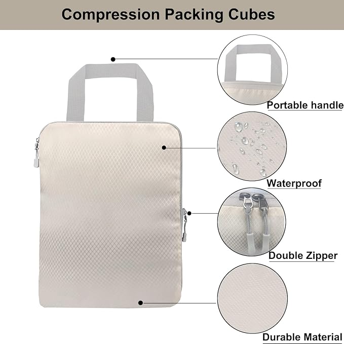 Compression Packing Cubes, 8 Set Organizers for Carry On Suitcases, Travel Essentials, Lightweight Expandable Luggage and Accessories (BEIGE)